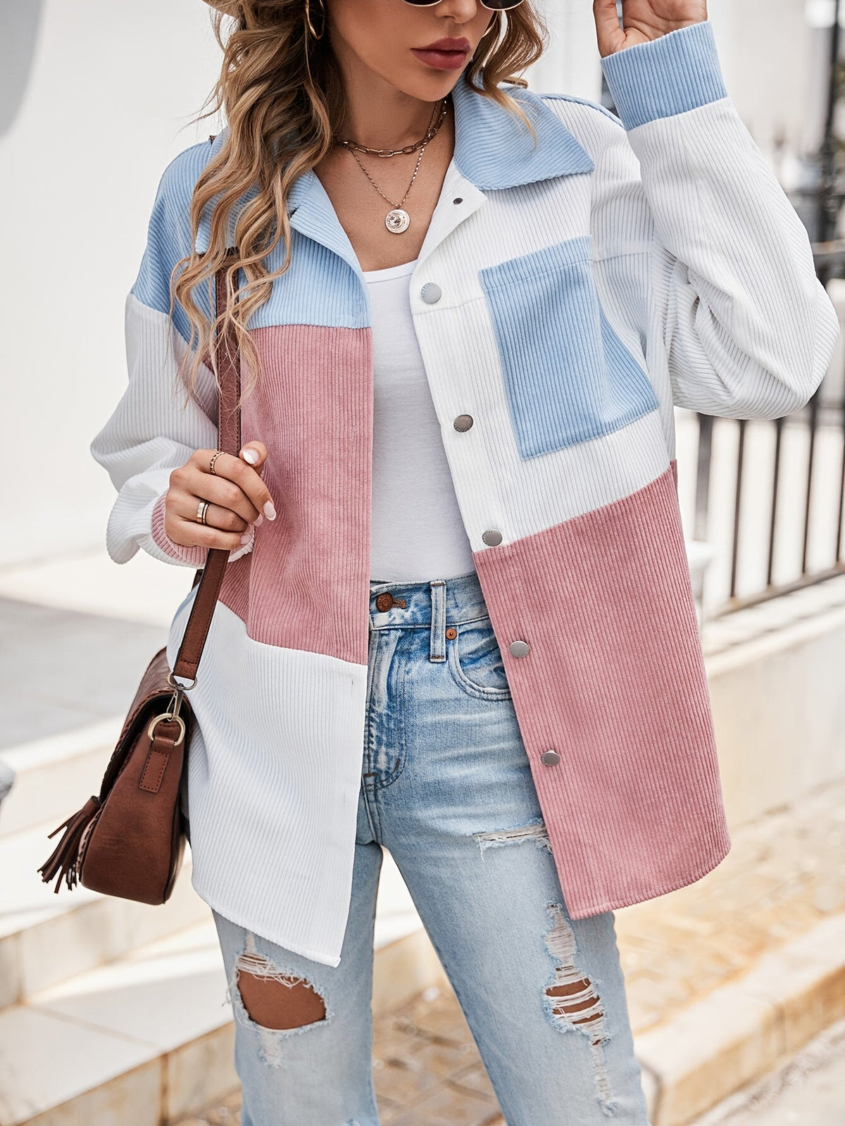 Damen Hemdjacke Cord Colorblock Mehrfarbig Langarm mit Kragen