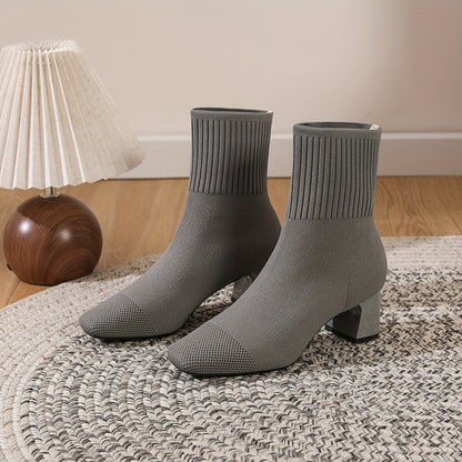 Damen Gestrickte Stiefeletten Blockabsatz Beige Spitz zulaufend Stretch Kurzstiefel