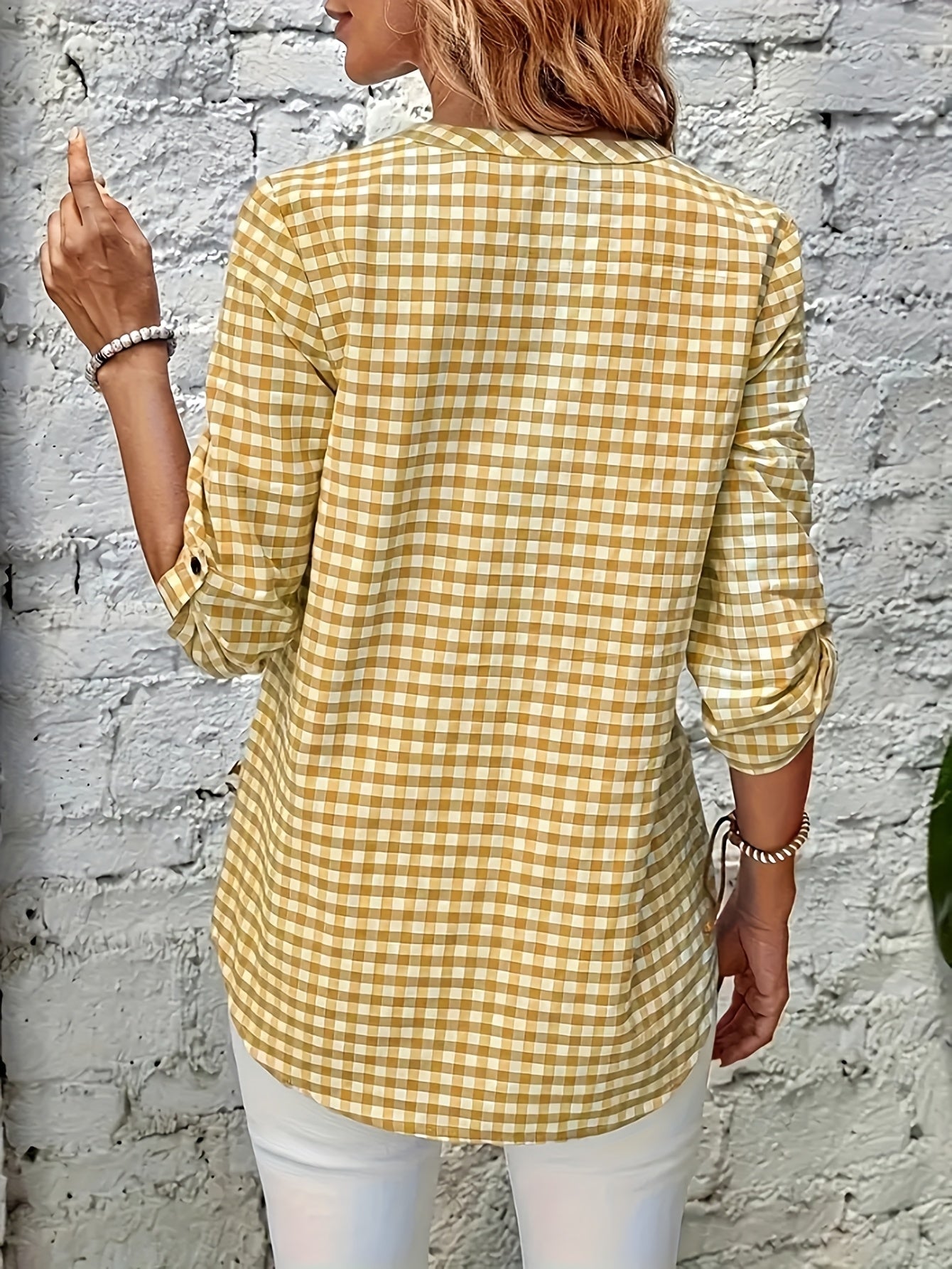 Damen Casual Karo Bluse mit Knopfleiste und 3/4-Ärmeln – Perfekt für Alltag & Büro