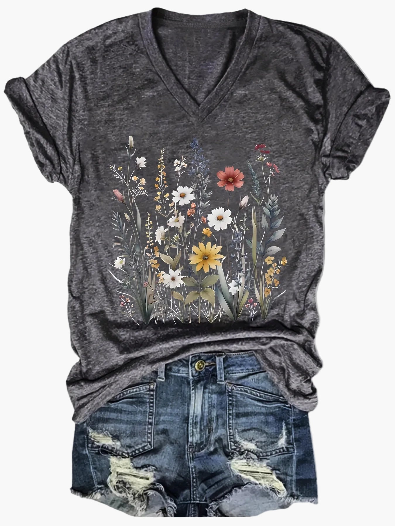 Damen Vintage Blumen T-Shirt mit V-Ausschnitt – Lässiges Sommer Oberteil im Boho-Stil