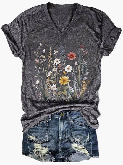 Damen Vintage Blumen T-Shirt mit V-Ausschnitt – Lässiges Sommer Oberteil im Boho-Stil