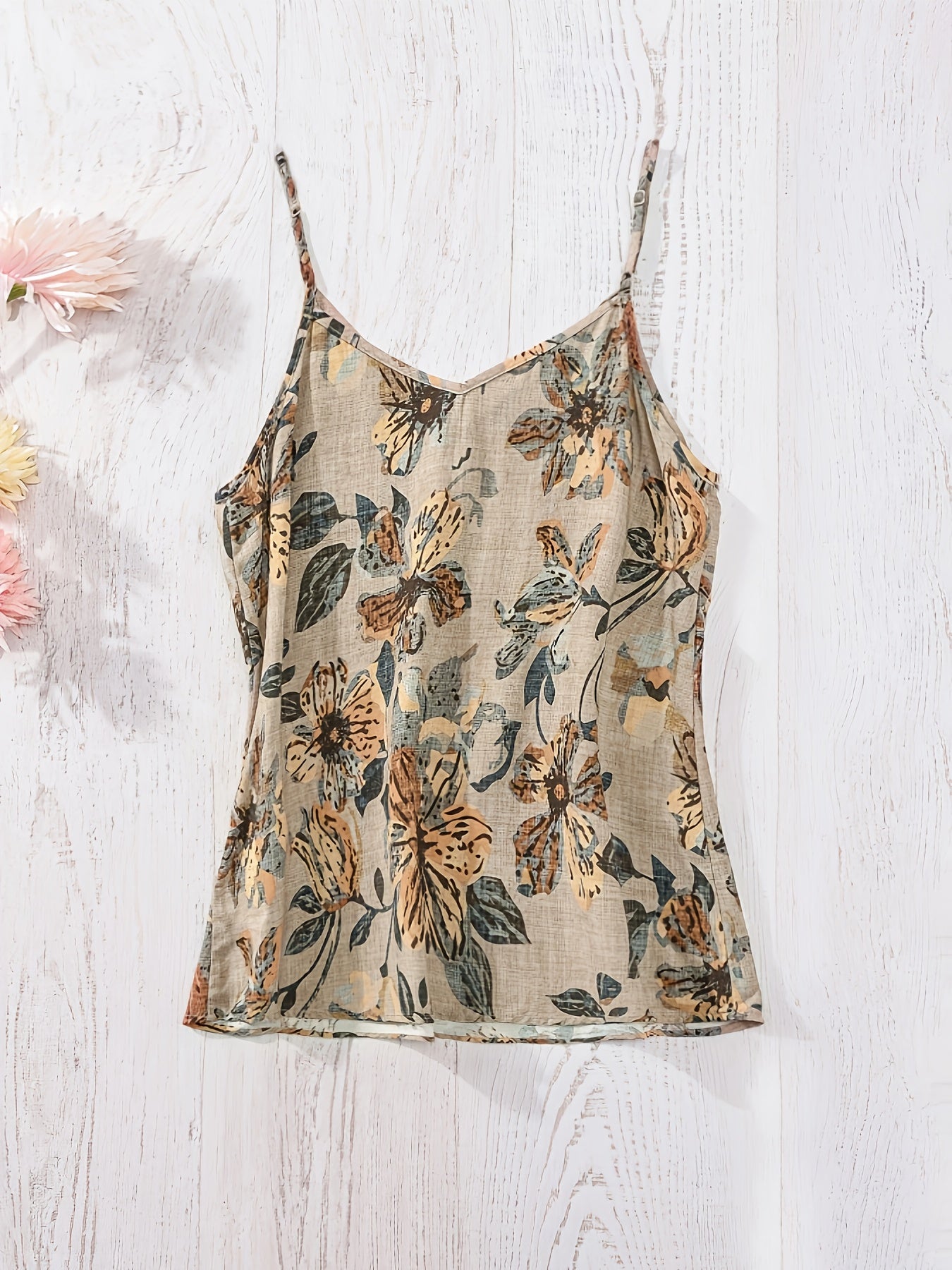 Damen Blumen-Top mit Spaghettiträgern und V-Ausschnitt – Sommerlich, Elegant, Ideal für Freizeit & Urlaub