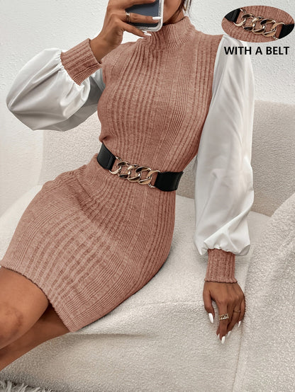 Damen Strickkleid hochgeschlossen Langarm Etui-Stil mit Gürtel
