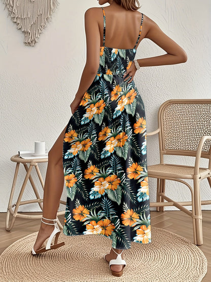 Damen Maxikleid mit tropischem Blumenmuster und Spitzendetail – Eleganter Sommer- und Urlaubsstil