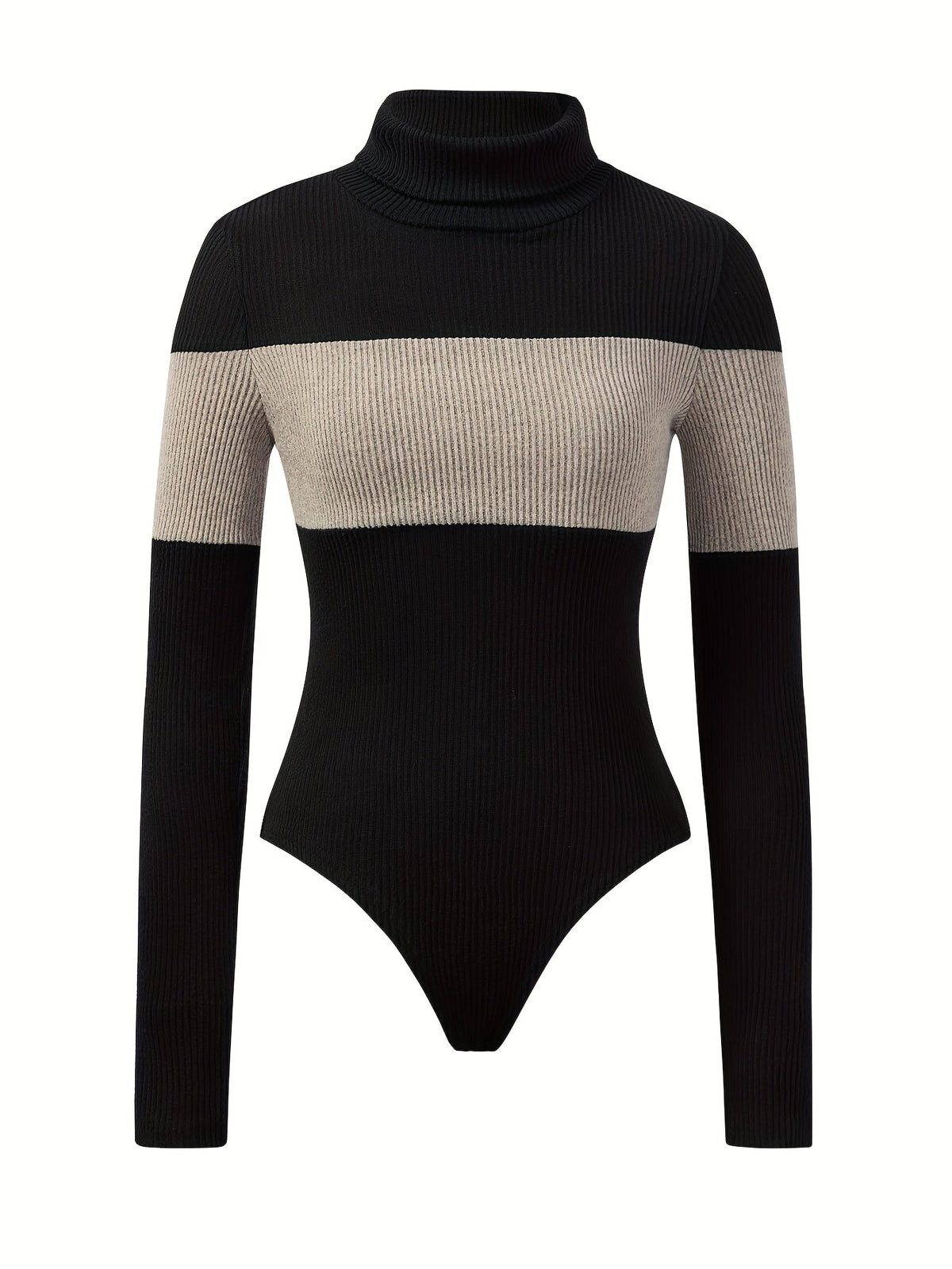 Damen Rollkragen-Body Langarm Gerippt Schwarz Beige gestreift
