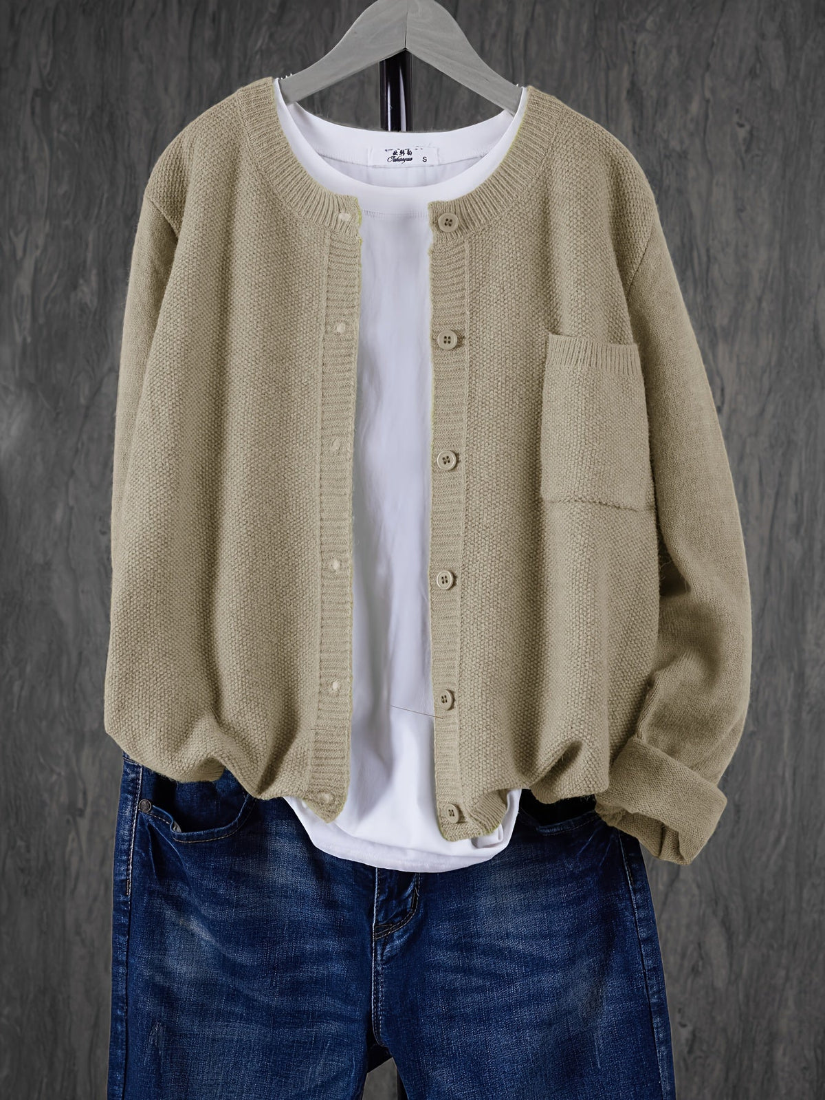Damen Strick Cardigan Rundhals Langarm Strickjacke mit Knöpfen und Brusttasche