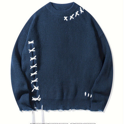 Unisex Strickpullover mit Kreuzstich-Details und Used-Look, Rundhals
