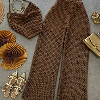 Damen Set Elegantes Häkel-Outfit mit Top und weiter Hose – Stilvolles Strand- & Urlaubsensemble