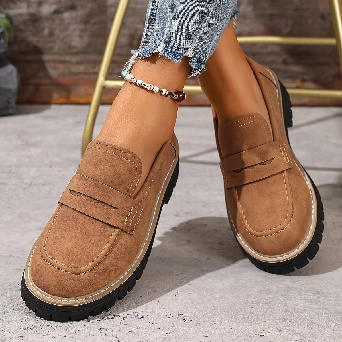 Damen Loafer im klassischen Stil mit Profilsohle – Bequeme Alltags-Slipper für Freizeit und Büro