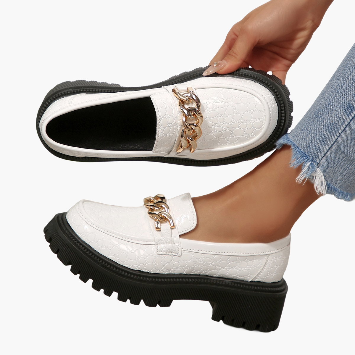 Damen Chunky Loafer mit Kettenverzierung – Modische Slip-On Schuhe für Alltag und Büro