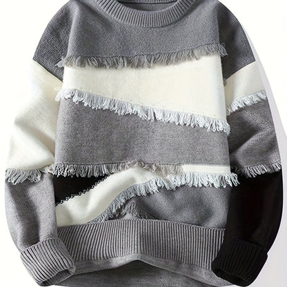Unisex Langarm Pullover mit Rundhalsausschnitt und Fransen-Patchwork