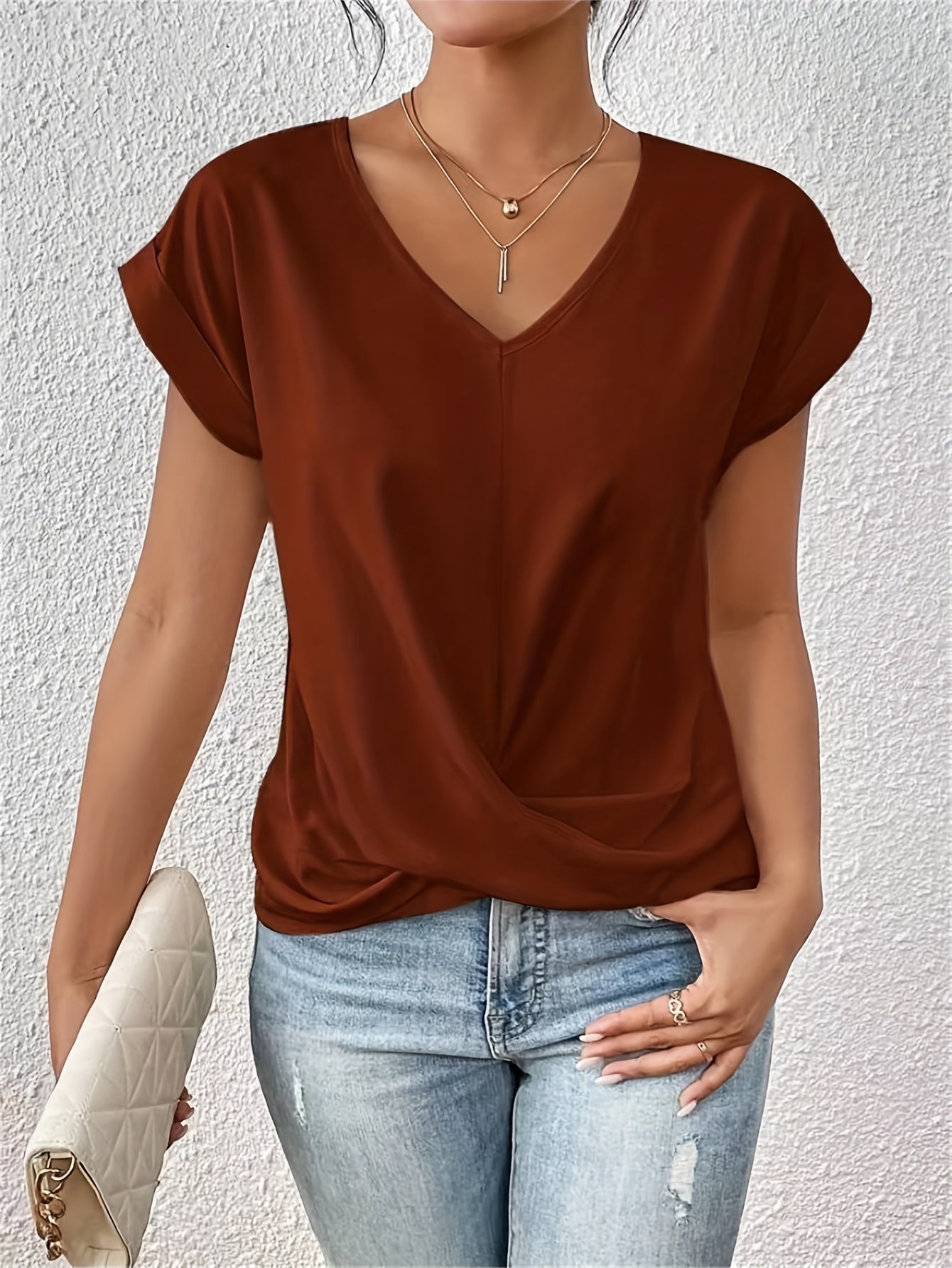 Damen Elegante Wickelbluse mit V-Ausschnitt für Alltag und Büro