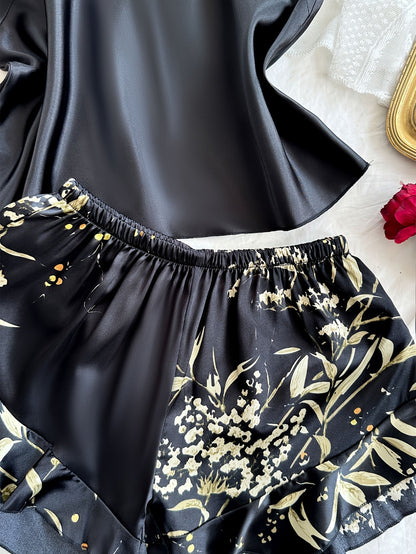 Damen Satin Pyjama Set mit Blumenmuster – Elegantes Schlafanzug-Set für Sommer & Alltag
