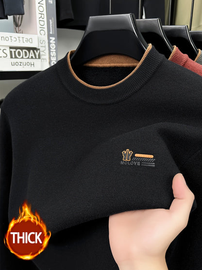 Herren Pullover Rundhals Langarm Strickpullover Warmgefüttert mit Rippbündchen