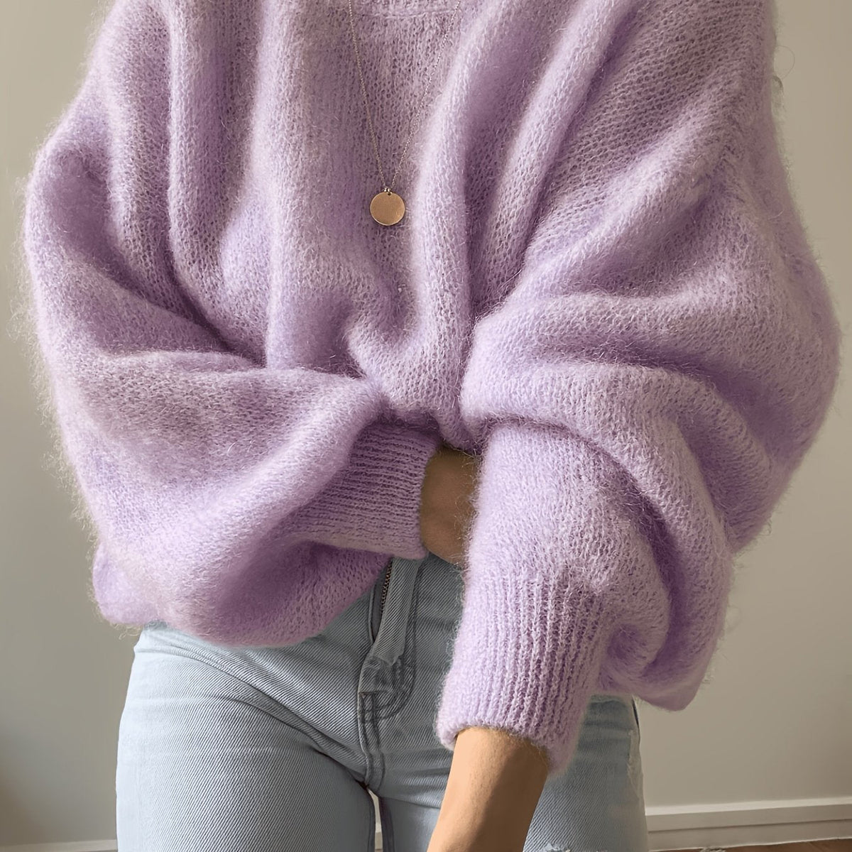 Damen Oversize Pullover Rundhals Weich Strick Langarm