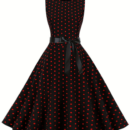 Damen Vintage Polka Dot Rockabilly Kleid mit Gürtel – Elegantes Retro Partykleid