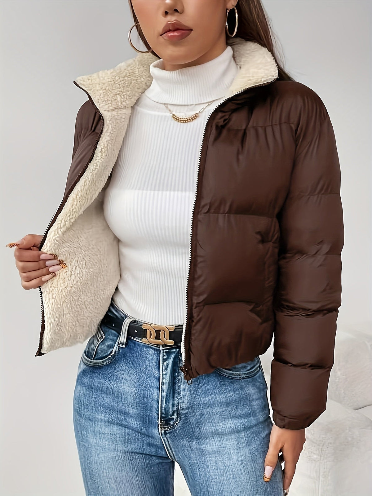 Damen Steppjacke mit Teddyfutter, kurz geschnitten, Reißverschluss