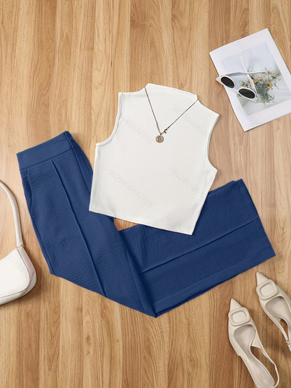 Damen Elegantes Set – Ärmelloses Oberteil mit Stehkragen und Weite Hose, Perfekt für Büro & Freizeit