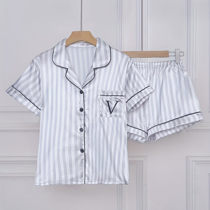 Damen Satin Pyjama Set Kurzarm mit Streifen – Stilvolles Nachtwäsche-Set für erholsamen Schlaf