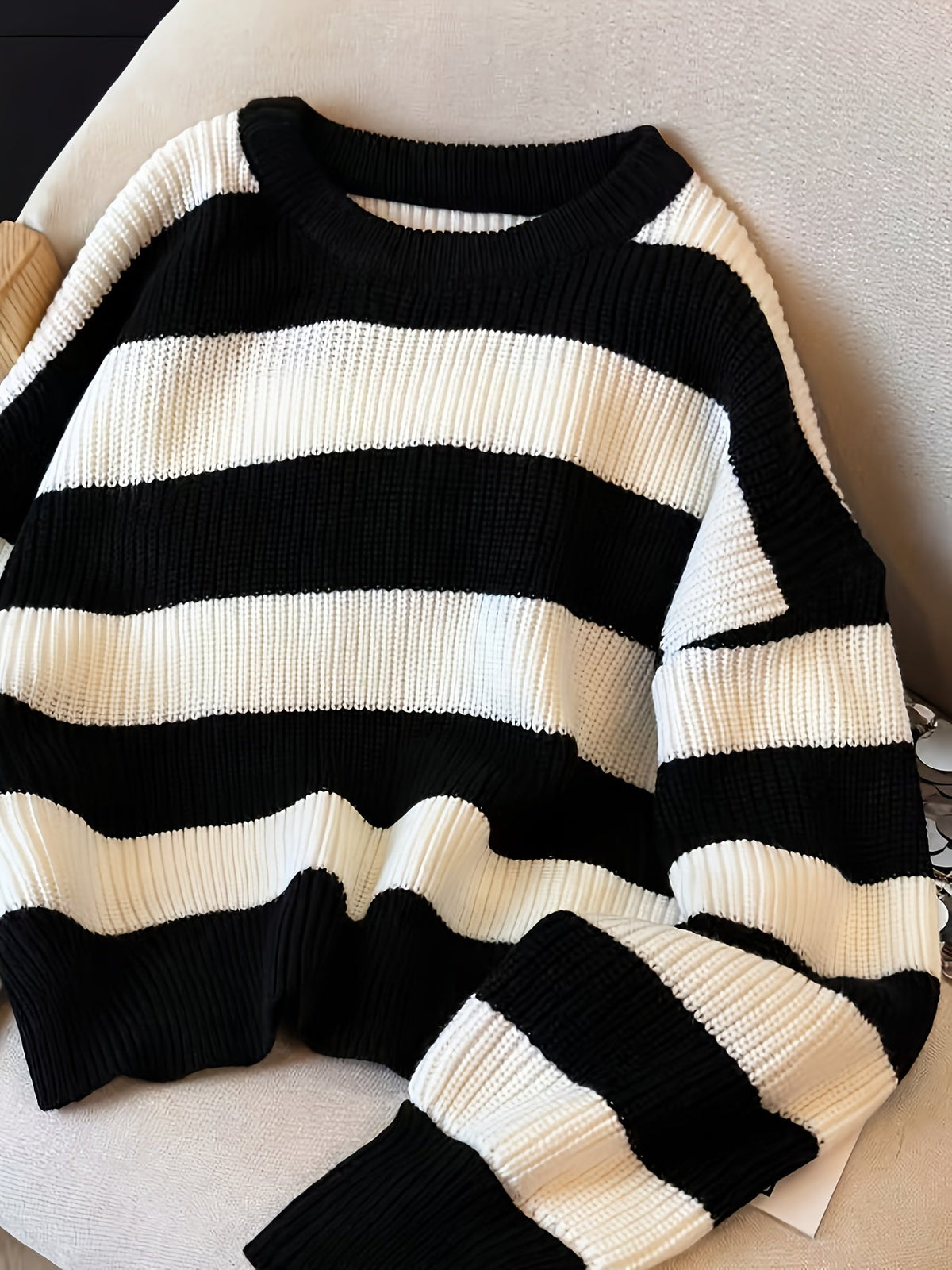 Damen Strickpullover Gestreift Schwarz Weiß Rundhals Oversize Ärmel