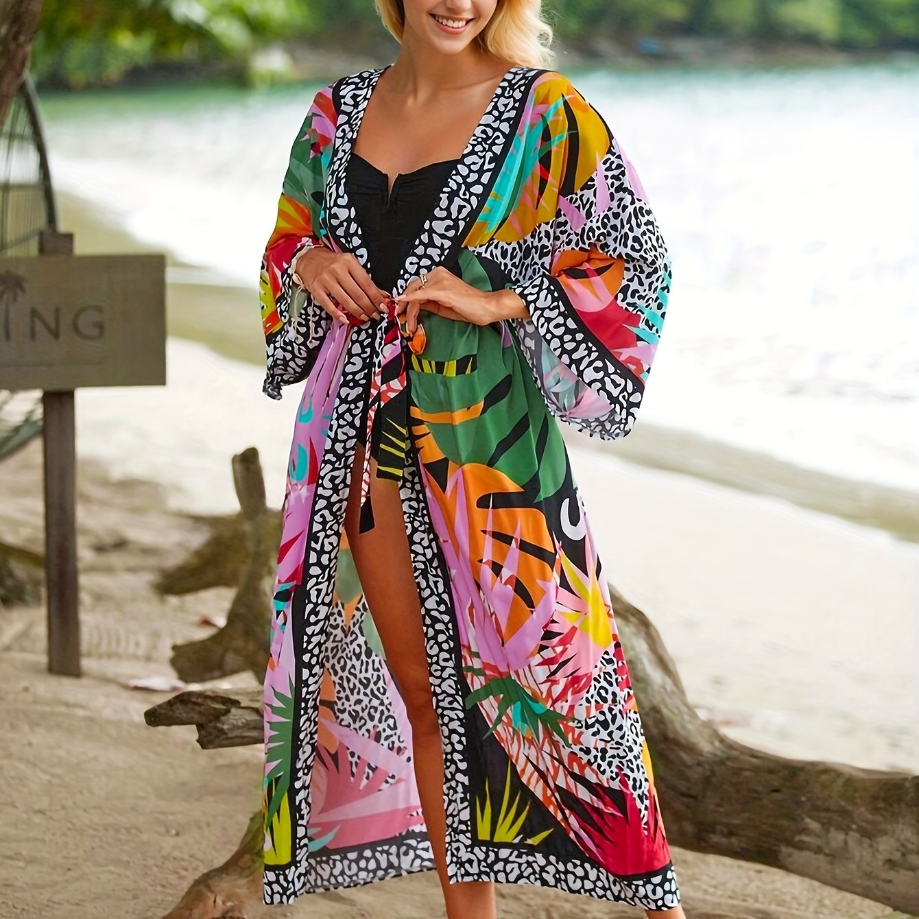 Damen Kimono Strandkleid – Langer, gemusterter Überwurf für Urlaub und Resort