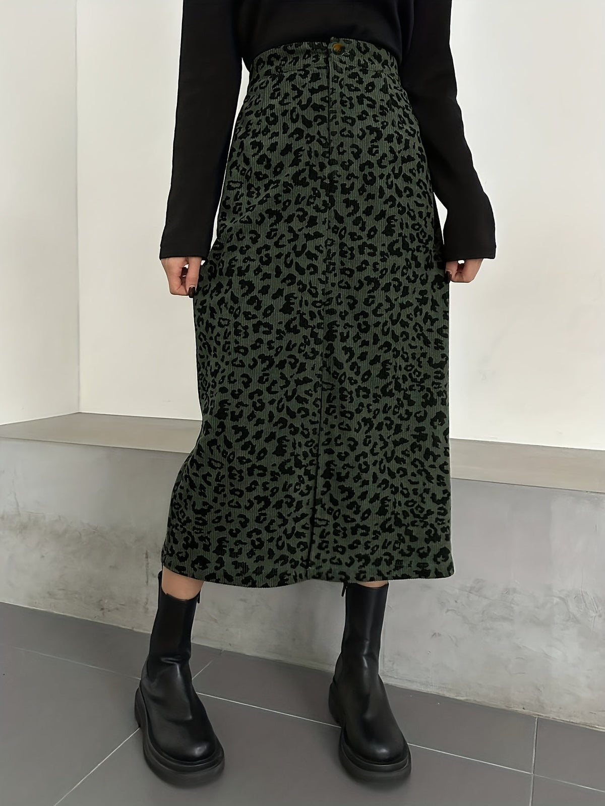 Damen Midi Rock mit Leopardenmuster und Schlitz, Rippstruktur
