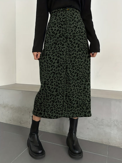 Damen Midi Rock mit Leopardenmuster und Schlitz, Rippstruktur
