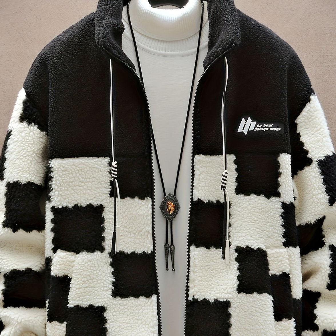 Unisex Teddyfleece Jacke mit Stehkragen und Schachbrettmuster