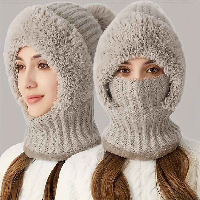 Winter Beanie mit Fleece-Futter und Halswärmer – Gestrickte Mütze mit abnehmbarer Gesichtsmaske, Pompon und Pelzbesatz
