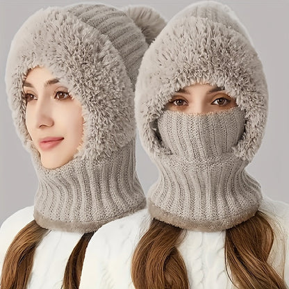Winter Beanie mit Fleece-Futter und Halswärmer – Gestrickte Mütze mit abnehmbarer Gesichtsmaske, Pompon und Pelzbesatz