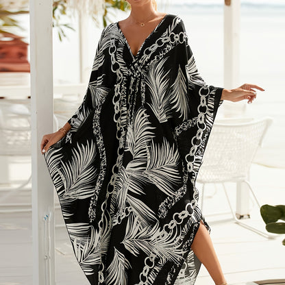 Damen Kaftan Maxi Strandkleid mit Palmenmuster und Kettenprint – Elegantes Cover-up für den Urlaub