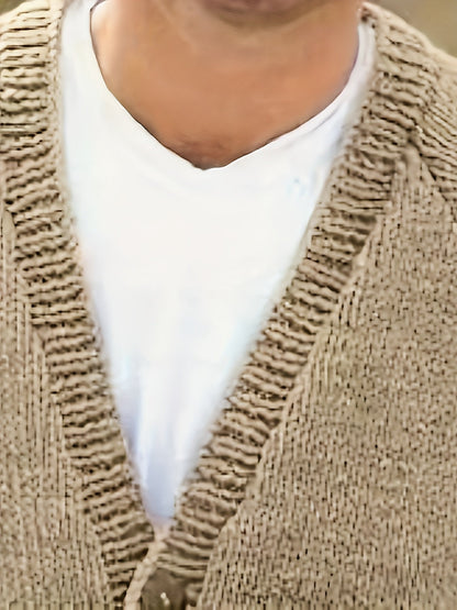 Herren Strickjacke Beige V-Ausschnitt Knopfleiste Lange Ärmel Grobstrick