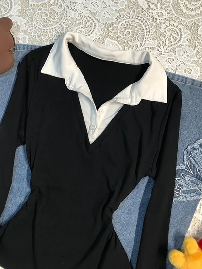 Damen Langarmshirt Schwarz Weiß mit Kragen