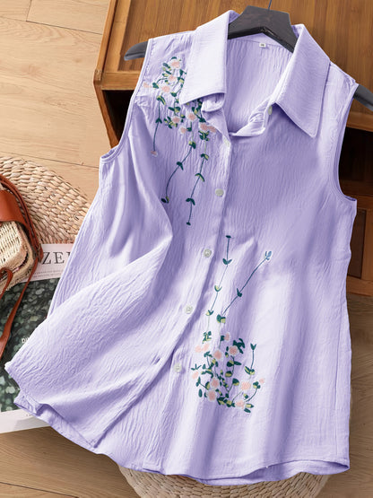Damen ärmellose Bluse mit Stickerei – Eleganter Freizeitstil für Büro & Alltag