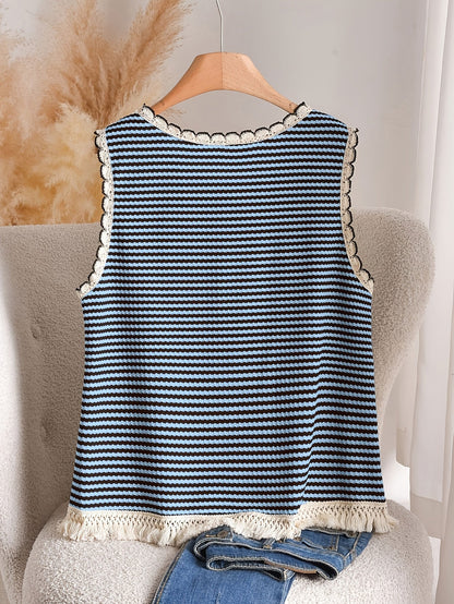 Damen Elegantes Strick-Tanktop mit Fransen und Streifen – Ideal für Frühling & Sommer