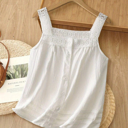 Damen Spitzen-Top mit Knopfleiste und eckigem Ausschnitt – Romantische Bluse für Alltag und Freizeit