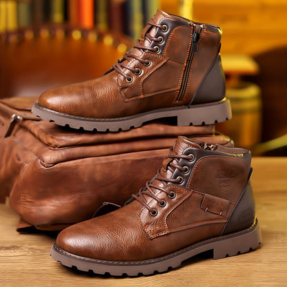 Herren Stiefel Braun Schnürsenkel Reißverschluss Profilsohle