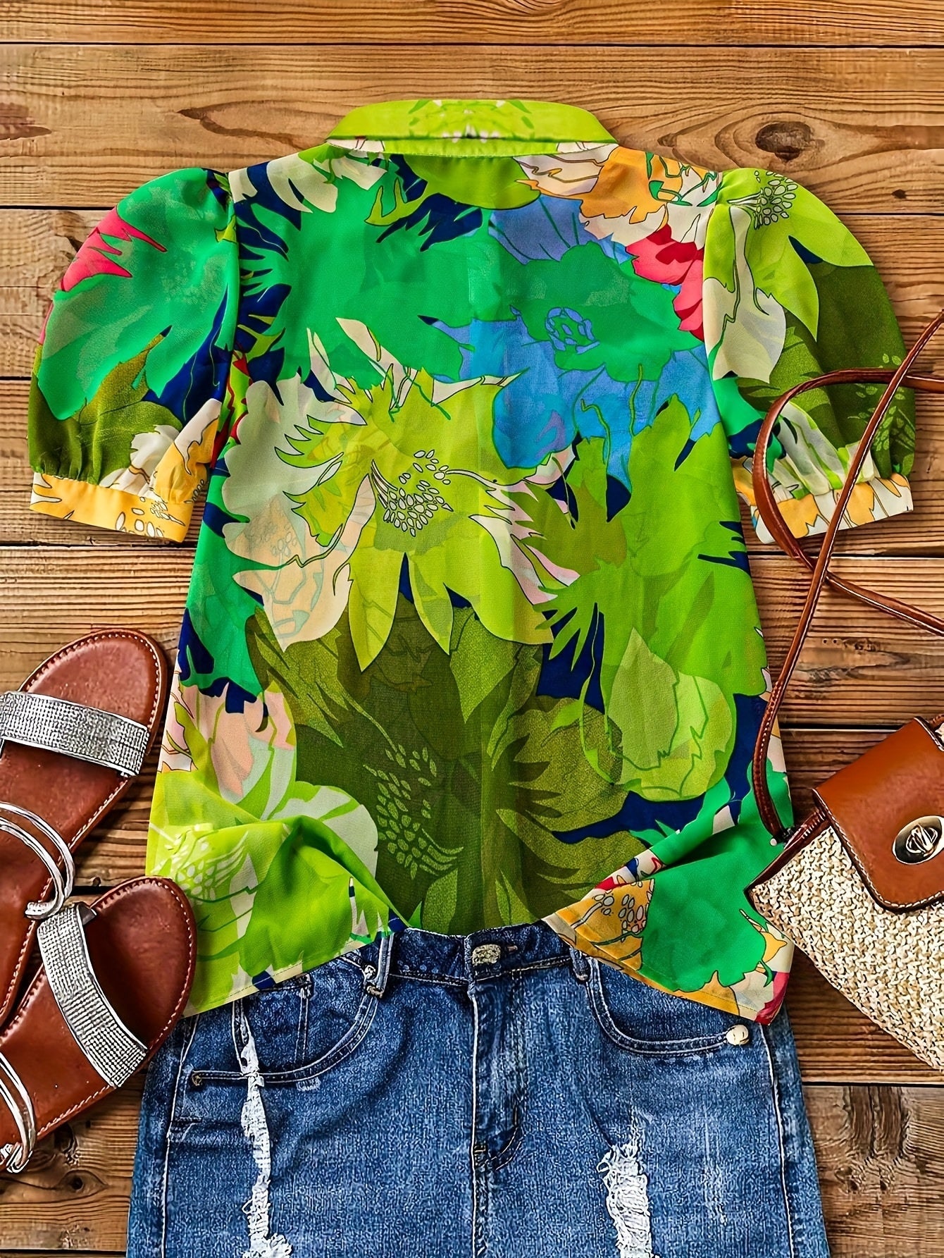 Damen Bluse mit auffälligem Blumenmuster und Puffärmeln – Modische Freizeithemd mit Knopfleiste