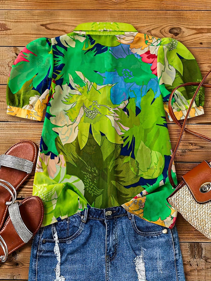 Damen Bluse mit auffälligem Blumenmuster und Puffärmeln – Modische Freizeithemd mit Knopfleiste