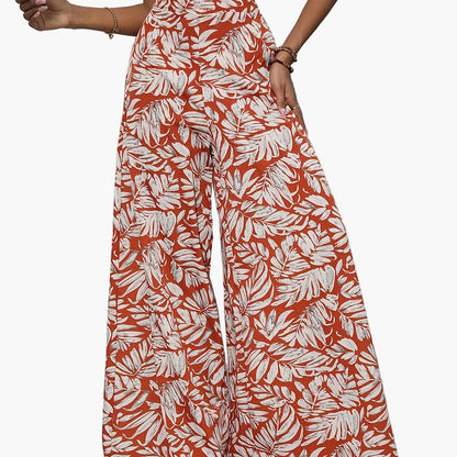 Damen Sommer Palazzo-Hose mit weitem Bein und tropischem Blätterprint – Perfekt für Strand und Freizeit