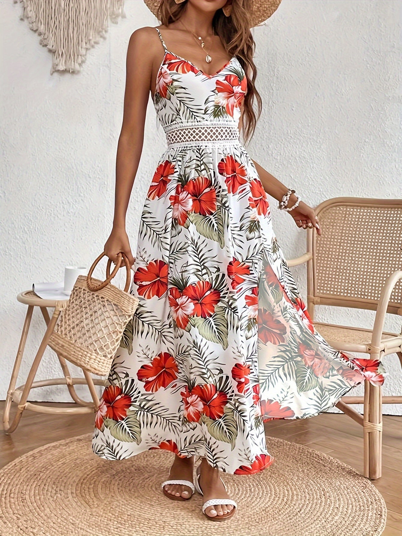 Damen Sommer Maxikleid Elegant mit Blumenmuster und Spaghettiträgern – Perfekt für Urlaub und Freizeit