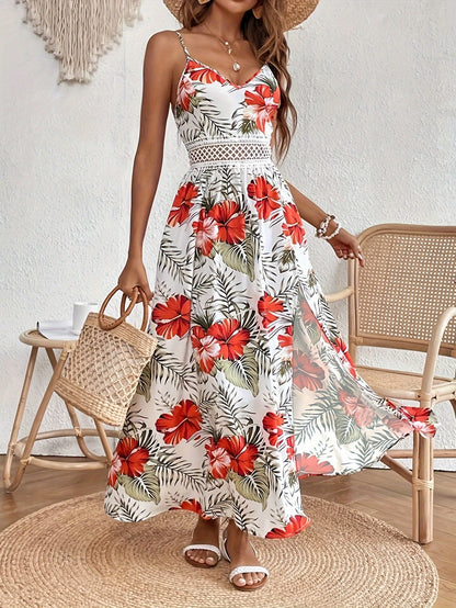 Damen Sommer Maxikleid Elegant mit Blumenmuster und Spaghettiträgern – Perfekt für Urlaub und Freizeit