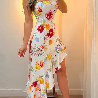 Damen Asymmetrisches Midi-Kleid mit Blumenmuster und Rüschen – Elegantes Partykleid