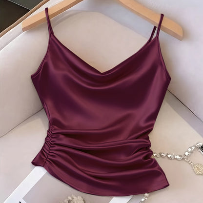 Damen Satin-Camisole mit Wasserfallausschnitt und Raffungen – Elegantes Oberteil für Abend und Party
