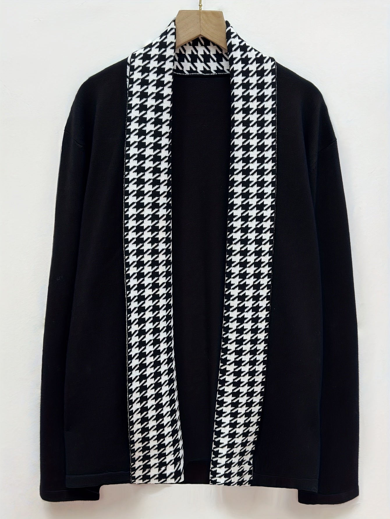 Herren Cardigan mit Hahnentrittmuster Revers Offene Vorderseite Schwarz