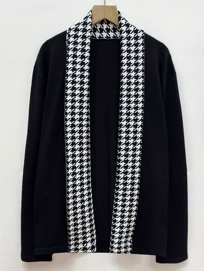 Herren Cardigan mit Hahnentrittmuster Revers Offene Vorderseite Schwarz
