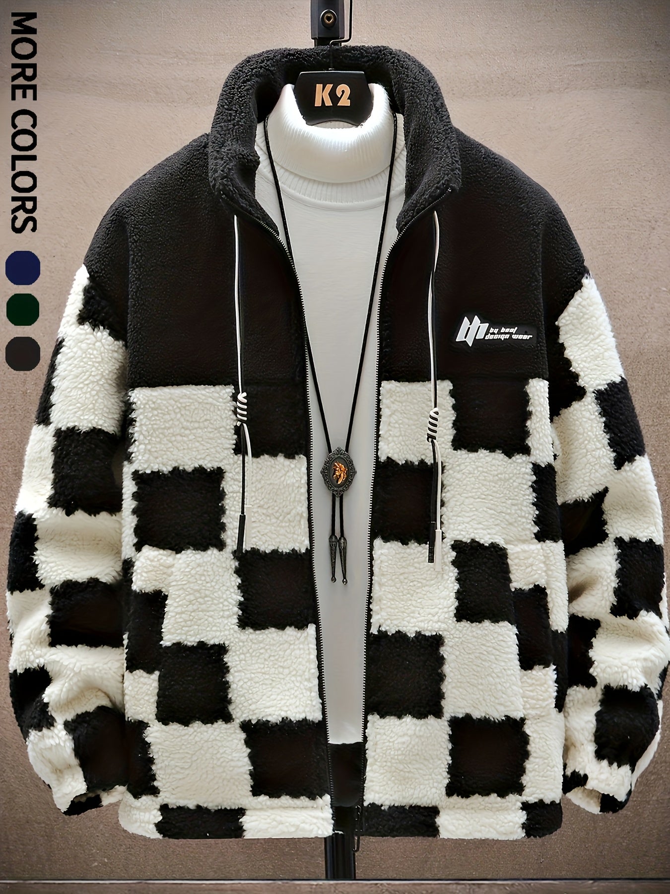 Unisex Teddyfleece Jacke mit Stehkragen und Schachbrettmuster