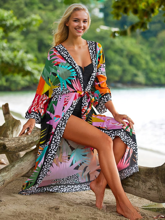 Damen Kimono Strandkleid – Langer, gemusterter Überwurf für Urlaub und Resort