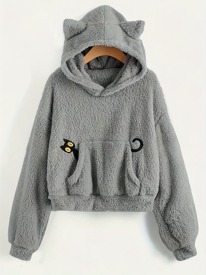 Fleece Hoodie mit Katzenohren und Tasche, flauschig, Grau