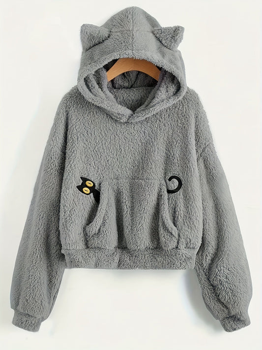 Fleece Hoodie mit Katzenohren und Tasche, flauschig, Grau